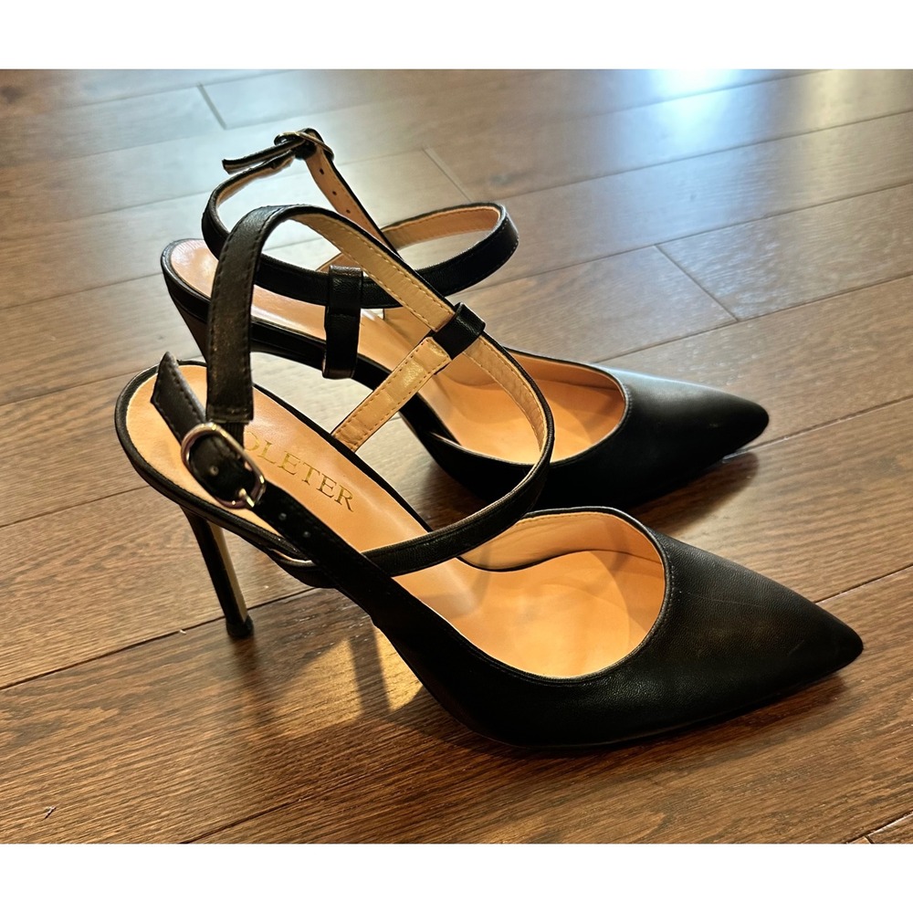 Coleter Womens Black Double Strap Pointed Toe Stiletto Pumps Size 7